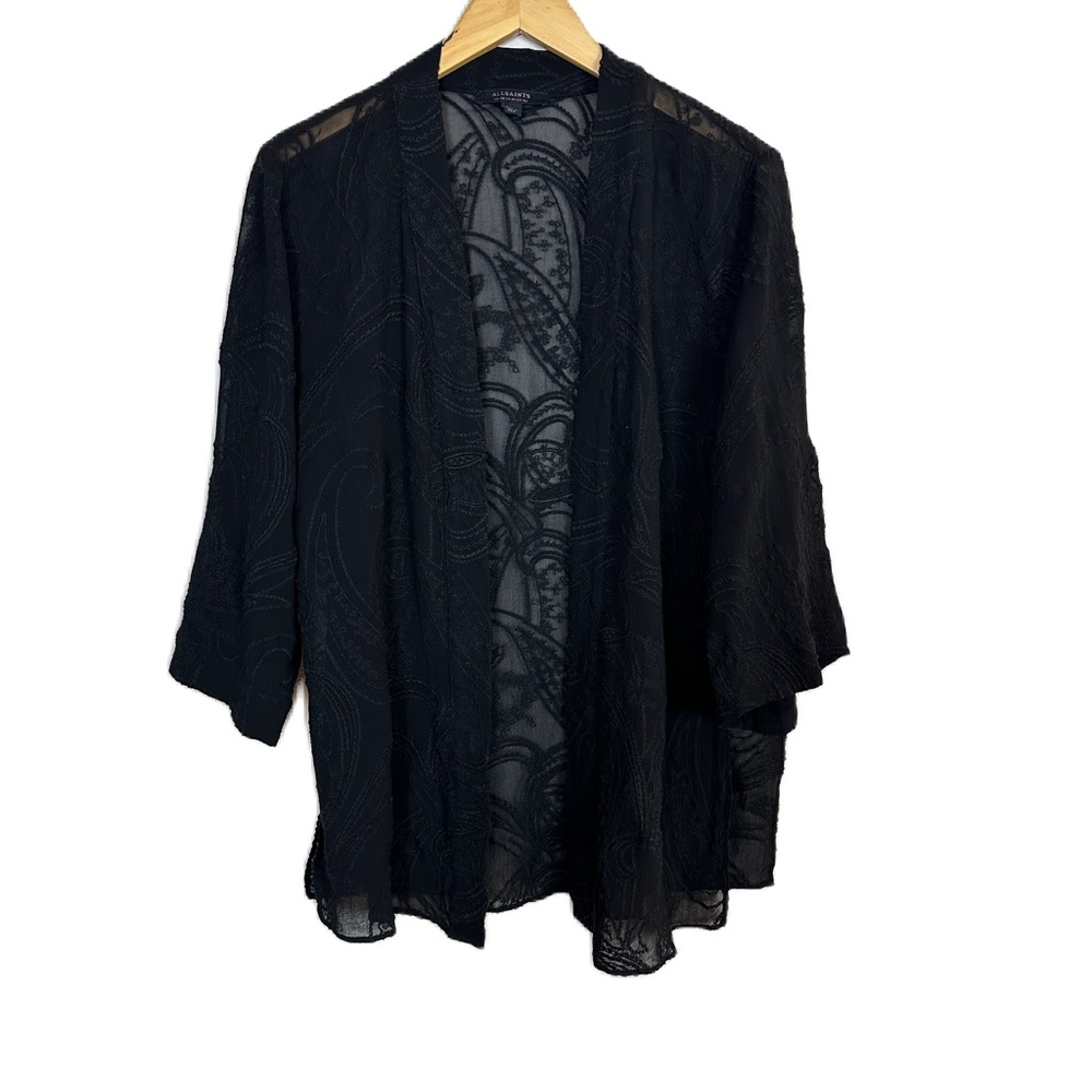 AllSaints Carina Ossia Embroidered Tie Waist Wrap Black Kimono Women’s Sz 10
